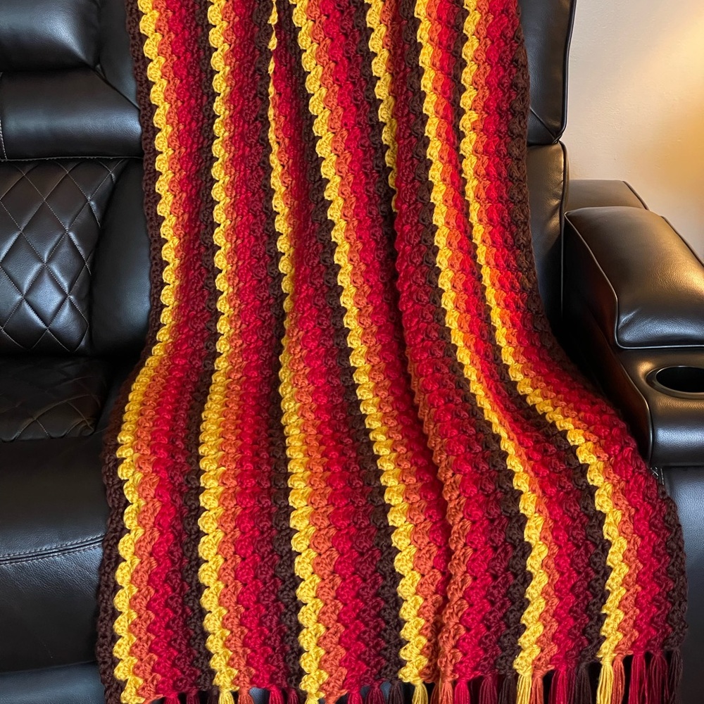 Striped Crochet Blanket in Red, Yellow, and Brown - Handmade